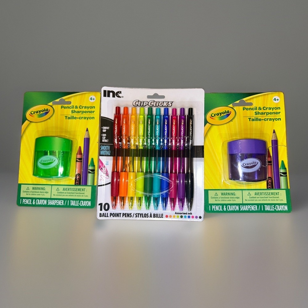 School Supply Lot: 2 Crayola Pencil Crayon Sharpeners & Inc ClipClicks 10 Pens